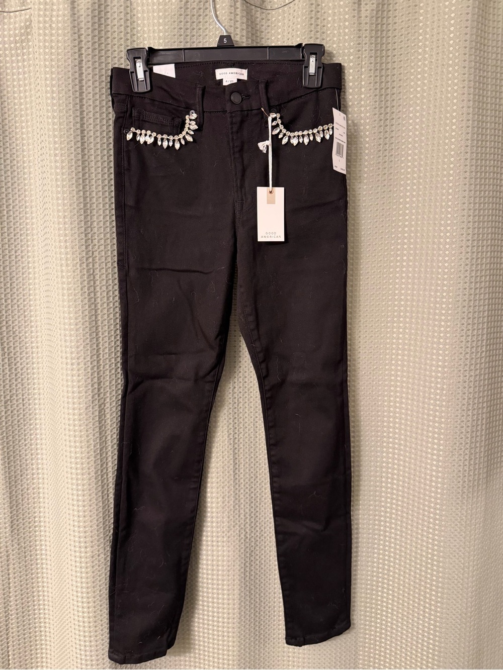 Good American Black Skinny Jeans with Crystal-Embellished Pockets